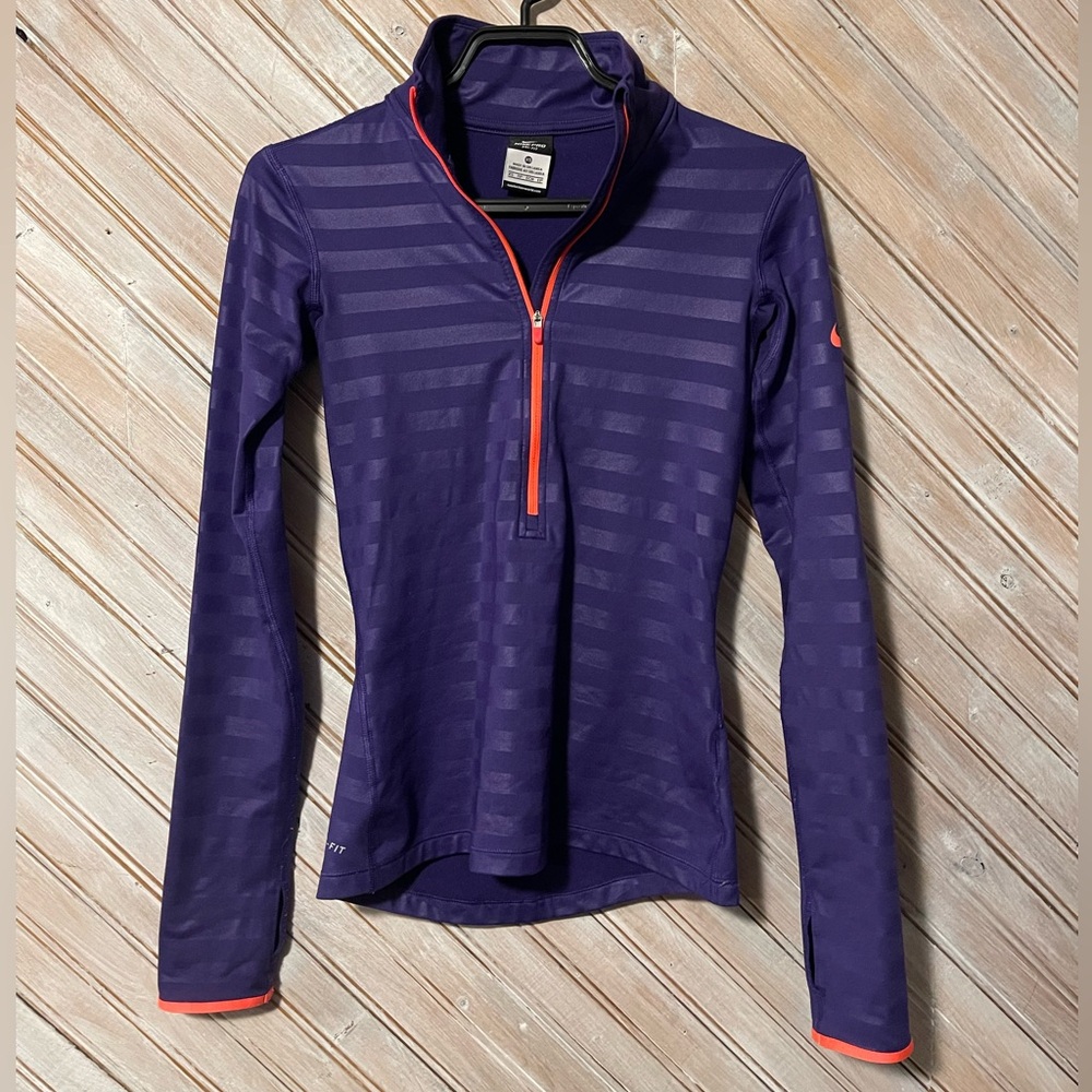 Nike Pro Dri fit XS purple stripped athletic long sleeve 3/4 zipper workout